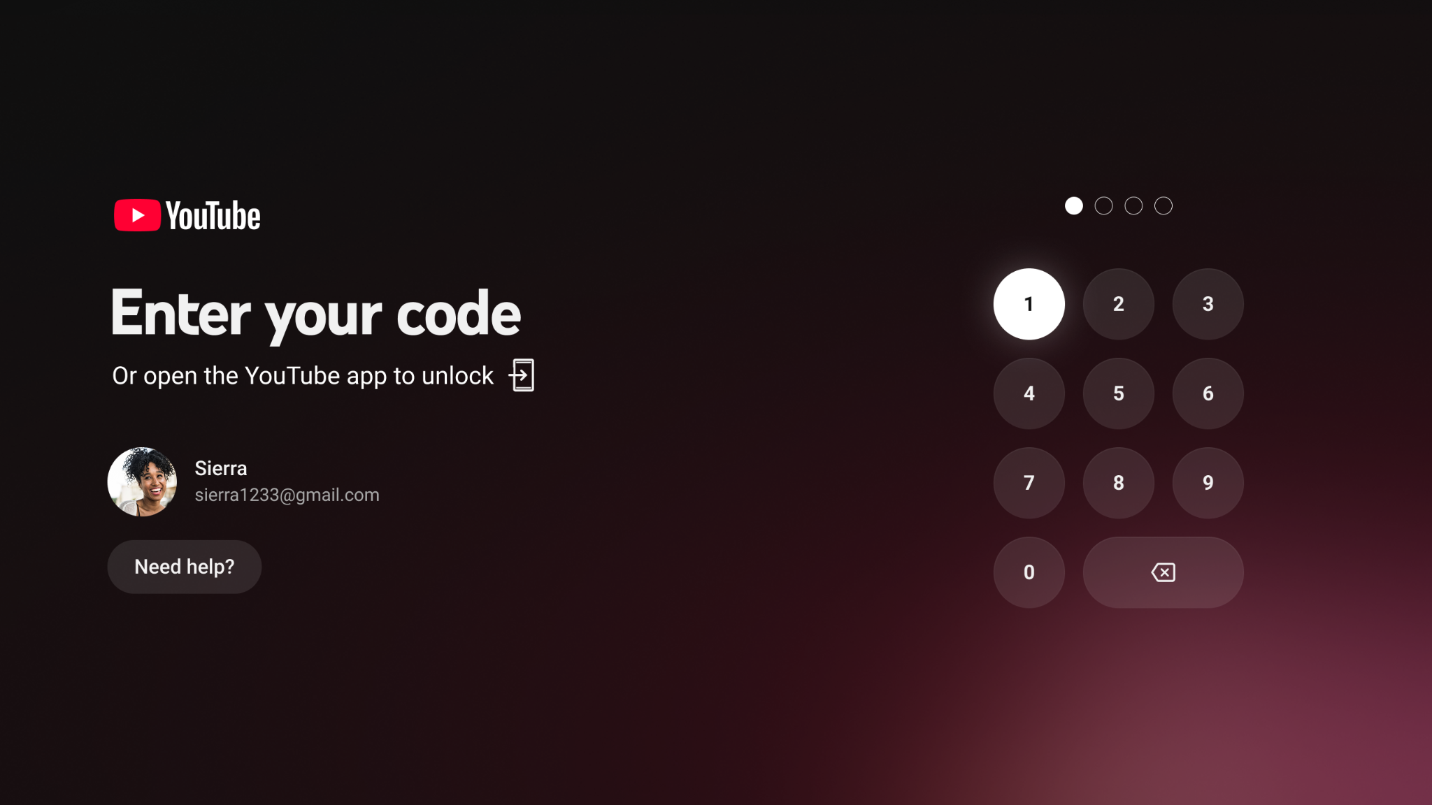 A screenshot of the TV app showing a PIN entry screen.