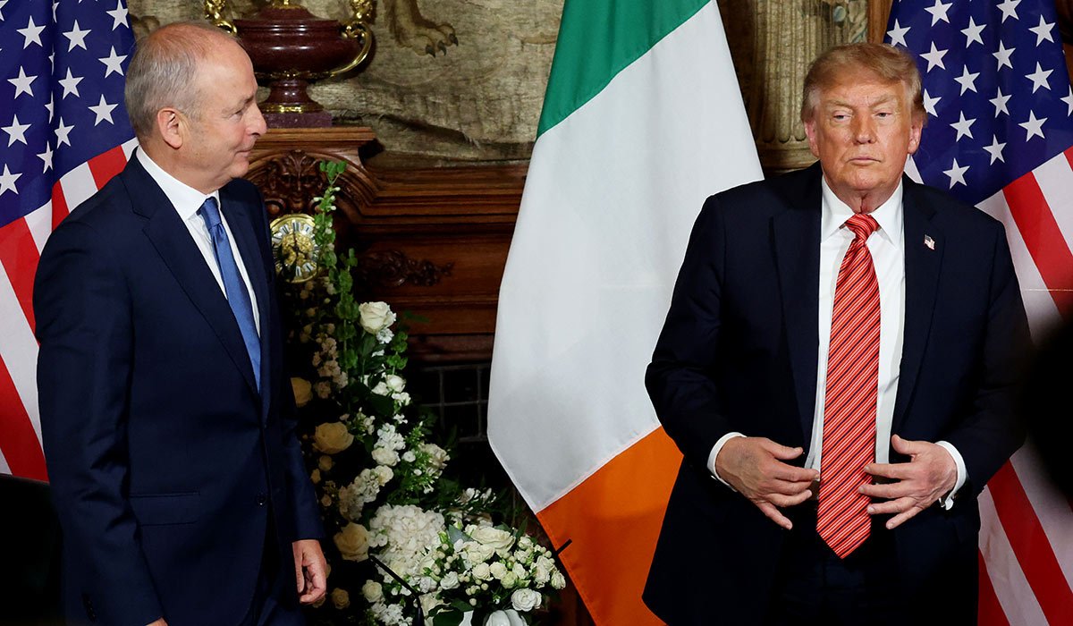 Taoiseach Micheal Martin looks towards U.S. President Donald Trump during a bilateral meeting at Farmleigh House. Pic: Getty Images