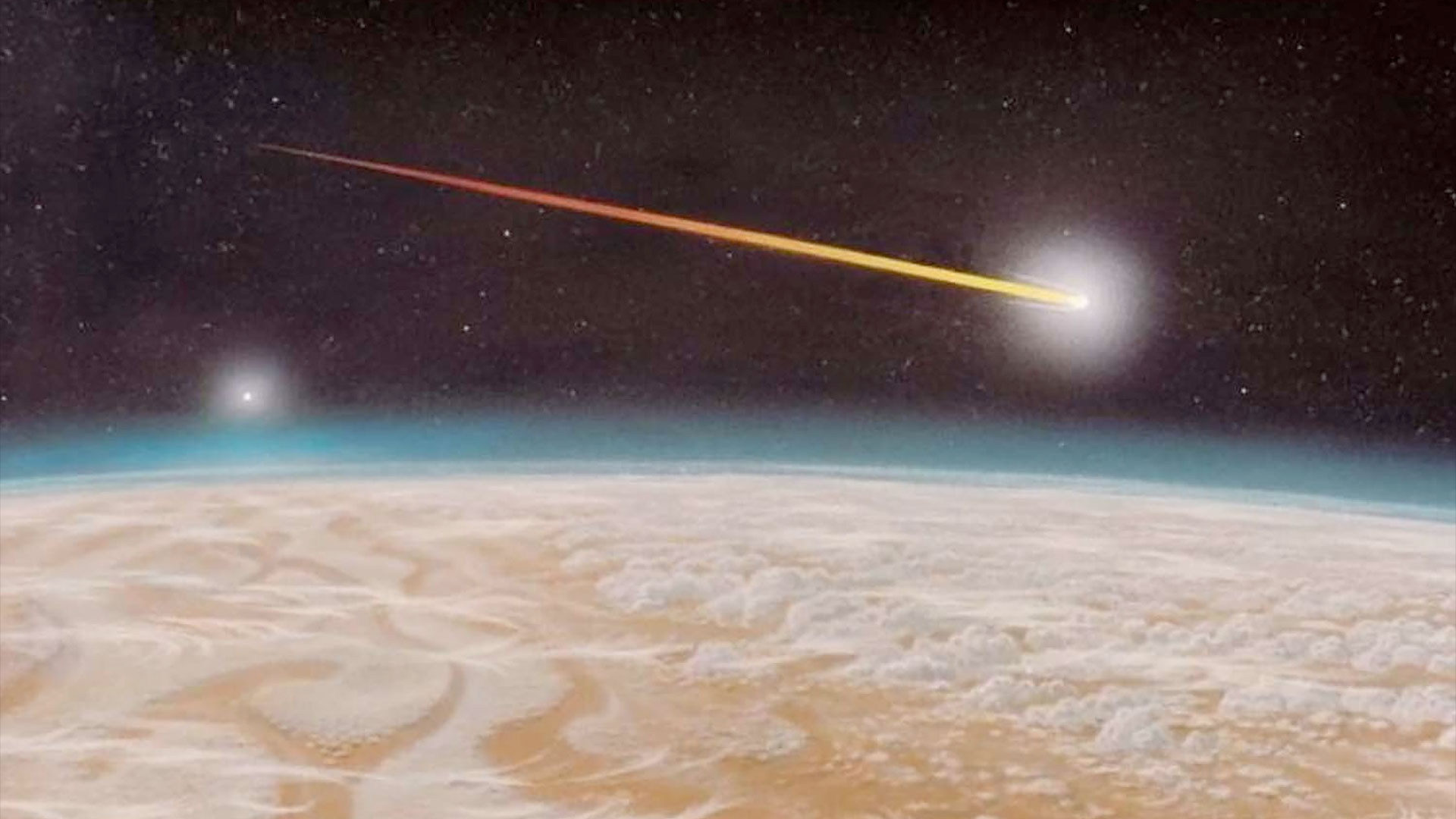 an illustration of a spacecraft taking on the look of a bright fireball as it falls to its demise into a large gas planet.