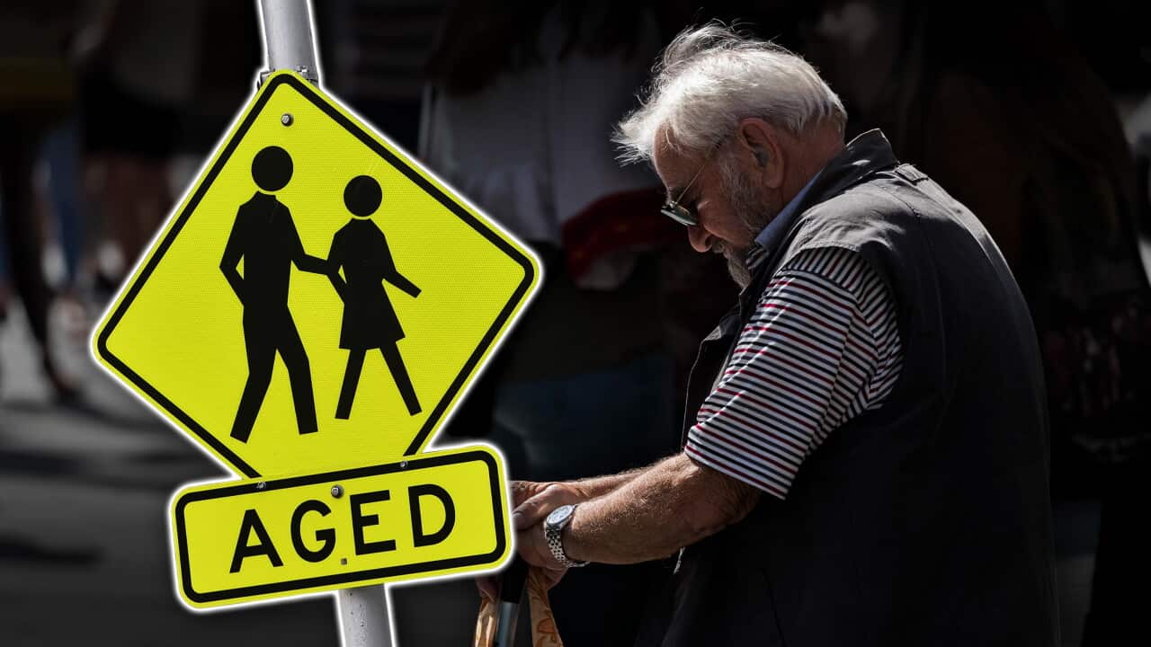 An elderly person and a sign saying 'aged'
