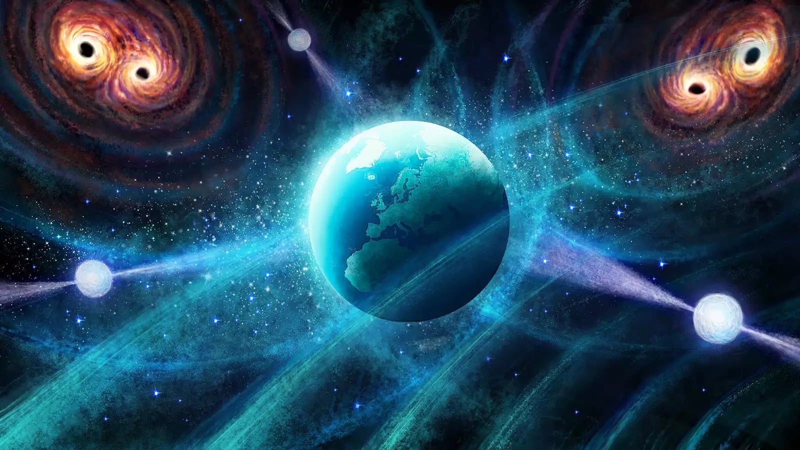 Illustration of merging black holes and their effect on pulsars and Earth. Credit: Daniëlle Futselaar (artsource.nl) / Max Planck Institute for Radio Astronomy