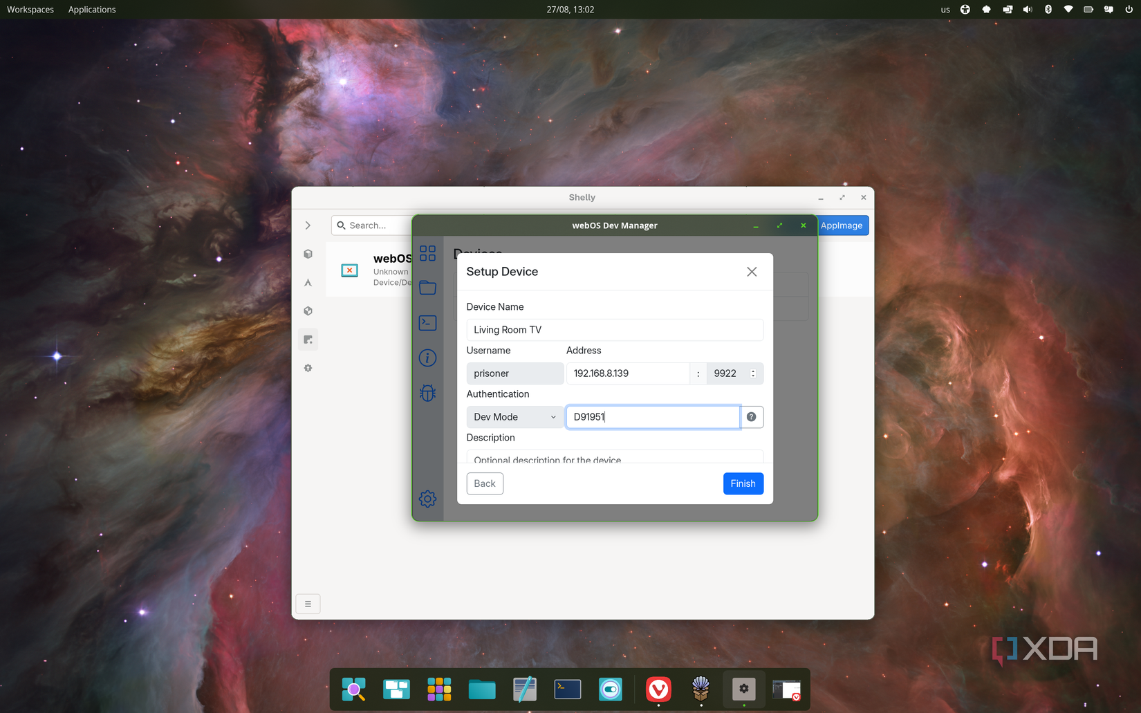 Screenshot of the webOS Dev manager app on Linux showing the setup window for a new TV