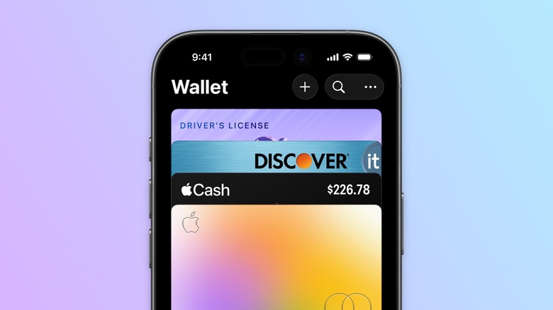 iPhone's Apple Wallet app with multiple credit cards and a driver's license.