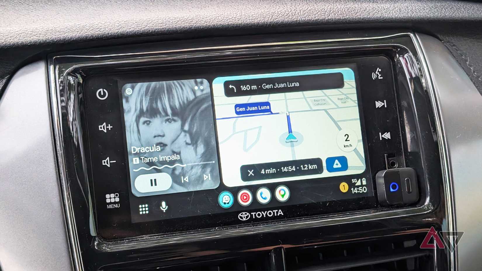 Wireless-Android-auto-display-via-Ottocast-adapter-on-a-Toyota-display-running-YouTube-Music-and-Google-Maps