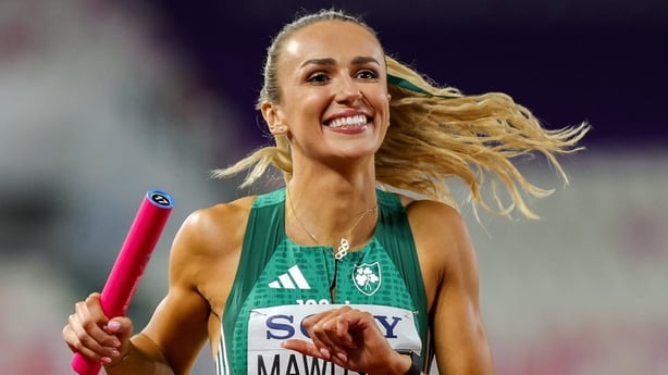 Sharlene Mawdsley crossing the finish line at the World Relays in the Bahamas 