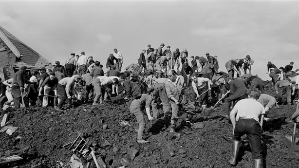 Aberfan, South Wales, circa October 1966: Picture shows the mud and devastation caused when mining spoil from the hillside high above the town behind came down and engulfed The Pantglas Junior School on 21st October 1966. Rescuers trying to find victims and help, amongst the mud and rubble around th