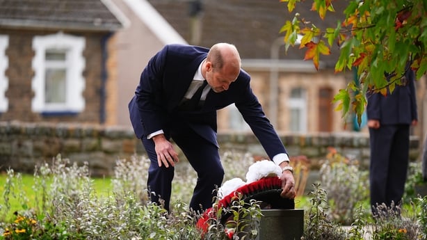 MERTHYR TYDFIL, WALES - OCTOBER 21: Prince William, Prince of Wales lays a wreath at Aberfan Memorial Garden, during a commemoration event to mark the 60th anniversary of the Aberfan disaster on October 21, 2026 in Merthyr Tydfil, Wales. The Aberfan disaster was the catastrophic collapse of a Nation