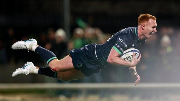 Galway , Ireland - 17 October 2026; Ciarán Frawley of Connacht on his way to scoring his side's seventh try during the Investec Champions Cup Round 1 match between Connacht and Saracens at Dexcom Stadium in Galway. (Photo By Thomas Flinkow/Sportsfile via Getty Images)
