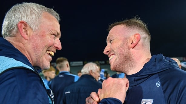 28 October 2023; Na Piarsaigh manager Shane O'Neill, left, celebrates with his goalkeeper Shane Dowling after their side's victory in the Limerick County Senior Club Hurling Championship final between Na Piarsaigh and Patrickswell at the TUS Gaelic Grounds in Limerick. Photo by Piaras Ó Mídheach/Spo