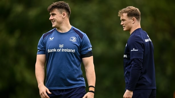 Dan Sheehan, left, and Josh van der Flier during a Leinster Rugby squad training session at UCD in Dublin.