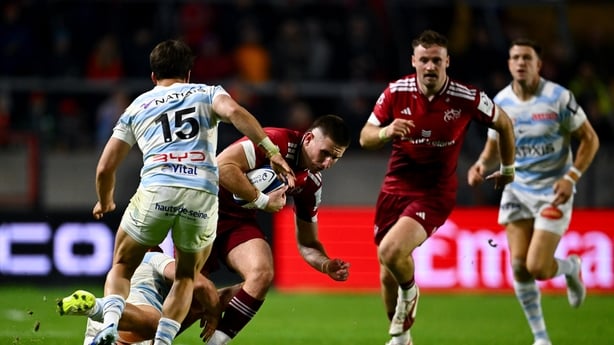 Ben O'Connor of Munster in action against Gerónimo Prisciantelli of Racing 92 during the Investec Champions Cup Round 1 match between Munster and Racing 92 at SuperValu Páirc Ui Chaoimh in Cork.
