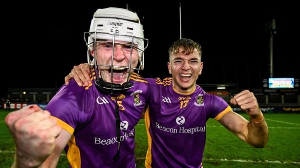 24 October 2026; Brendan Kenny, right, and Conal O Riain of Kilmacud Crokes celebrate after the PTSB Dublin County Senior Club Hurling Championship final match between Cuala and Kilmacud Crokes at Parnell Park in Dublin. Photo by Ben McShane/Sportsfile