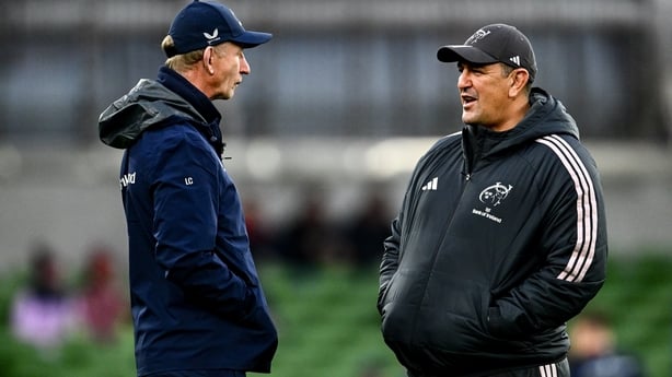 24 October 2026; Leinster head coach Leo Cullen and Munster head coach Clayton McMillan, right, before the United Rugby Championship match between Leinster and Munster at the Aviva Stadium in Dublin. Photo by Shauna Clinton/Sportsfile