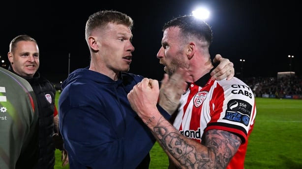 24 April 2026; James McClean and Patrick McClean of Derry City celebrate after the SSE Airtricity Men's Premier Division match between Derry City and Shamrock Rovers at Find Insurance Celtic Park in Derry. Photo by Stephen McCarthy/Sportsfile