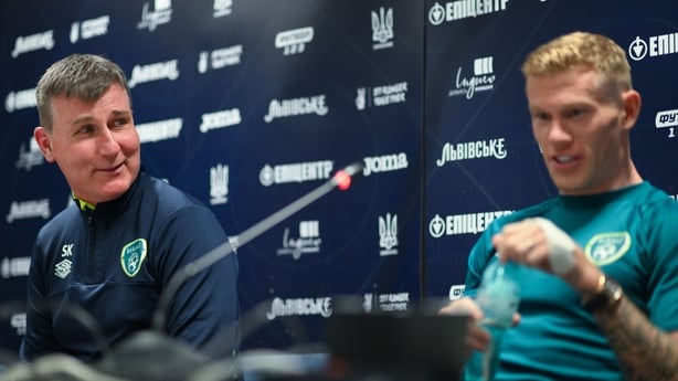 13 June 2022; Manager Stephen Kenny, left, and James McClean during a Republic of Ireland press conference at LKS Stadium in Lodz, Poland. Photo by Stephen McCarthy/Sportsfile