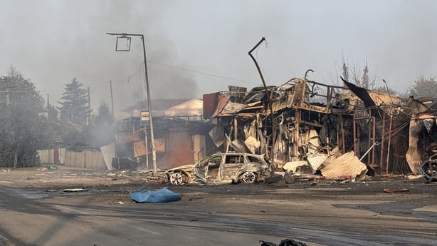 Buildings destroyed following a Russian airstrike in Donetsk Oblast, Ukraine.