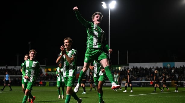27 October 2026; Jamie Duggan of Bray Wanderers celebrates after scoring his side's third goal during the SSE Airtricity Men's First Division play-off semi-final 2nd leg match between Bray Wanderers and Kerry at the Carlisle Grounds in Bray, Wicklow. Photo by Tyler Miller/Sportsfile