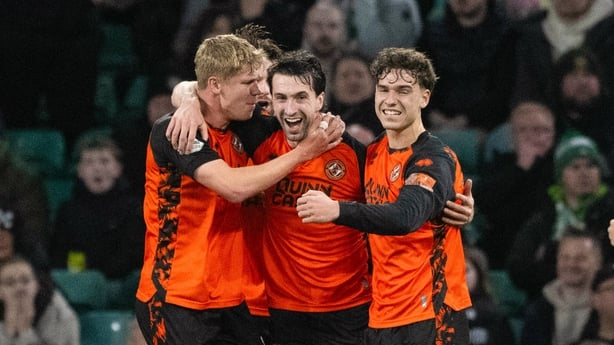 Dundee United's Neil Farrugia (centre) celebrates scoring to make it 2-1 during a William Hill Premiership match between Celtic and Dundee United at Celtic Park, on October 28, 2026, in Glasgow, Scotland.