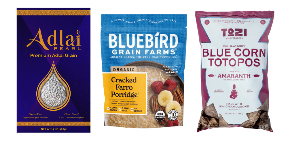 Adlai Pearl Premium Adlai Grain, Bluebird Grain Farms Organic Cracked Farro Porridge and Tozi Superfoods Blue Corn & Amaranth Chips