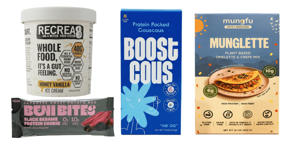 Recrea8 Honey Vanilla Ice Cream, Beni Bar Black Sesame Protein Cookie, Boostcous Protein Packed Couscous, Mungfu Munglette 