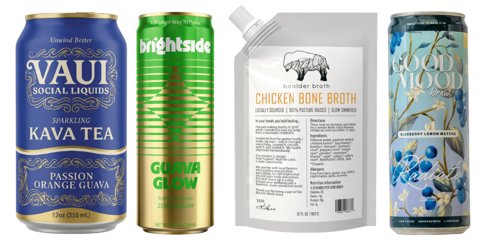 Vaui Social Liquids Passion Orange Guava, On the Brightside Guava Glow, Boulder Broth Chicken Bone Broth and Good Mood Brew Blueberry Lemon Matcha