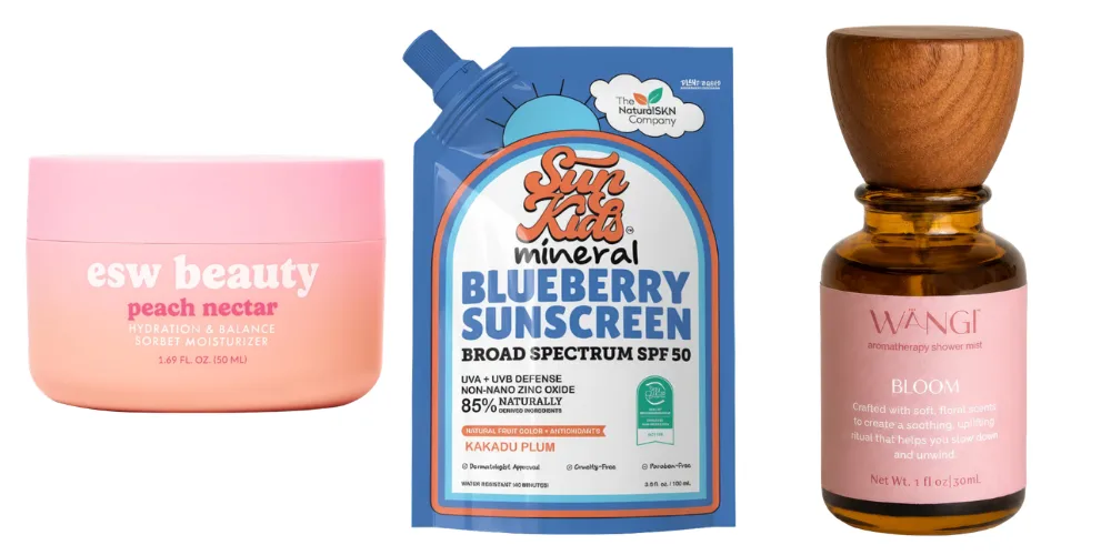 From left, ESW Beauty Peach Nectar Sorbet Moisturizer, The Natural SKN Company Sun Kids Blueberry Mineral Sunscreen and Wangi Wellness Bloom