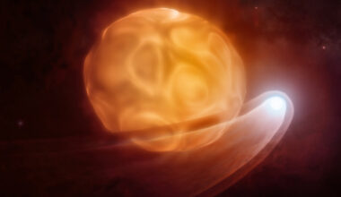 This artist’s illustration shows the smaller, hotter companion star Siwarha creating a wake-like disruption in Betelgeuse’s outer atmosphere as it orbits directly through it. Image credit: NSF / AUI / NRAO / M. Weiss.