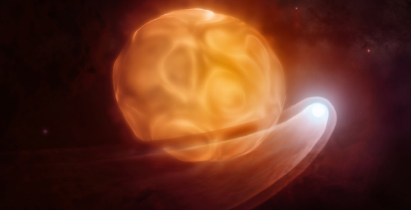 This artist’s illustration shows the smaller, hotter companion star Siwarha creating a wake-like disruption in Betelgeuse’s outer atmosphere as it orbits directly through it. Image credit: NSF / AUI / NRAO / M. Weiss.