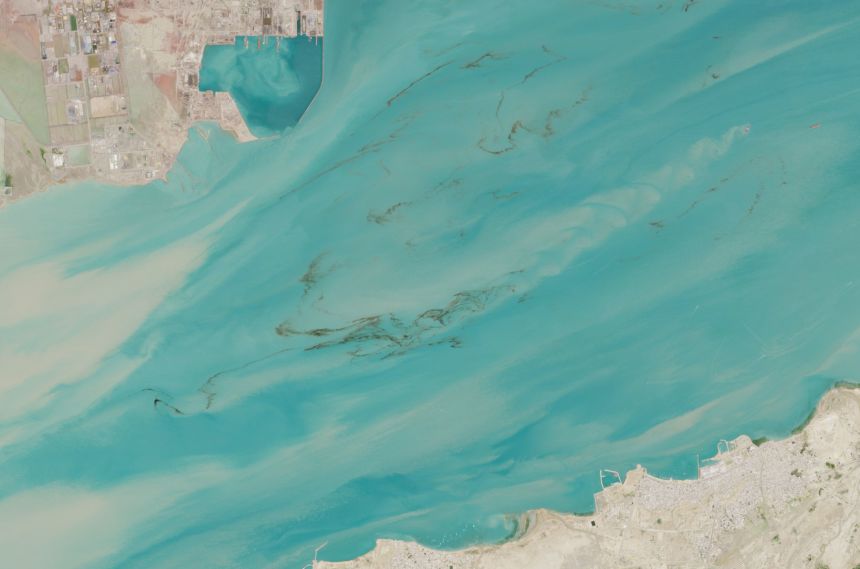 A satellite image shows oil in the Persian Gulf on April 2, 2026.