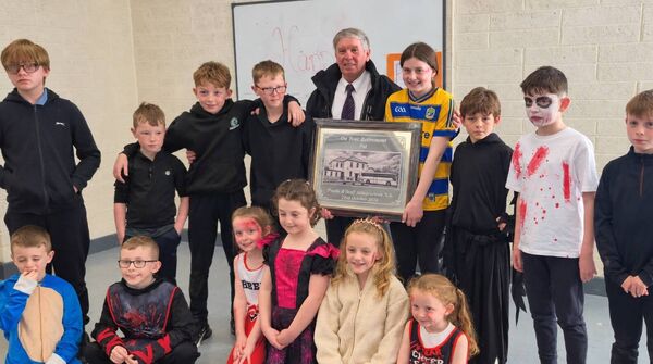 Some of the children from Abbeycarton NS, Elphin who travelled on the bus with Pat McGarry who has retired as the Bus Éireann school bus driver for Elphin.