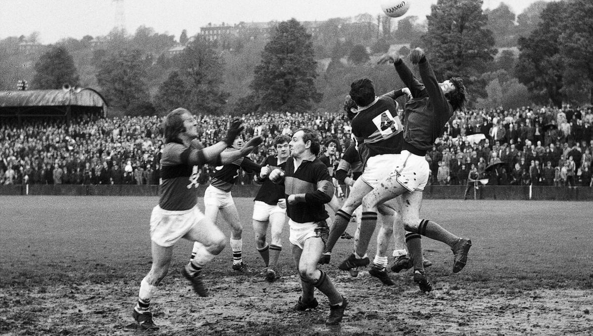 Billy Morgan and Brian Murphy clear the ball during a UCC attack in 1972.
