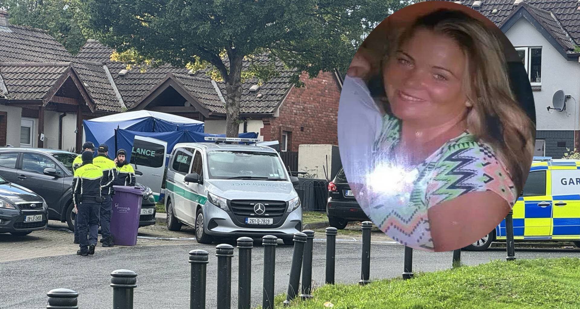 A private ambulance at the scene at a house on Old Connaught Avenue in Bray, after the discovery of the bodies of a man in his 30s and a woman, Biddy O'Brien (inset) who was in her 40s. Picture: PA