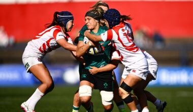 Erin King of Ireland is tackled by Japan players Sawa Harada, left, and Maiko Nishi during the International Women's Rugby fixture. Pic: Shauna Clinton/Sportsfile