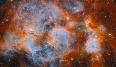 A nebula made of clouds of gas and dust with stars forming within. In the center and out to the left it is filled with thin, wispy blue gas that forms delicate layers. Around this are thicker orange clouds with dark ridges. Thin red filaments of gas cross the center of the nebula. Glowing bubbles in the gas contain dense, very bright clusters of stars. In the edges, distant stars are visible as bright points on a dark background.