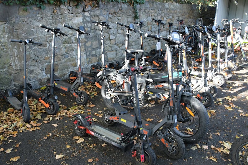 A selection of e-scooters seized by An Garda Síochána as part of Operation Meacán, which has been targeting unlawful use of the machines. Photograph: Garda press office