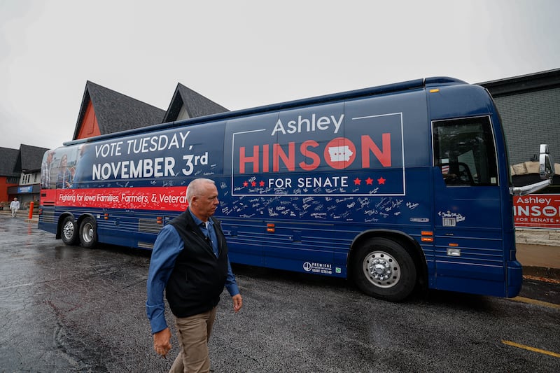 The campaign bus for US Republican representative Ashley Hinson arrives in Davenport, Iowa on October 15th, 2026. Photograph: Kamil Krzaczynski/AFP/Getty