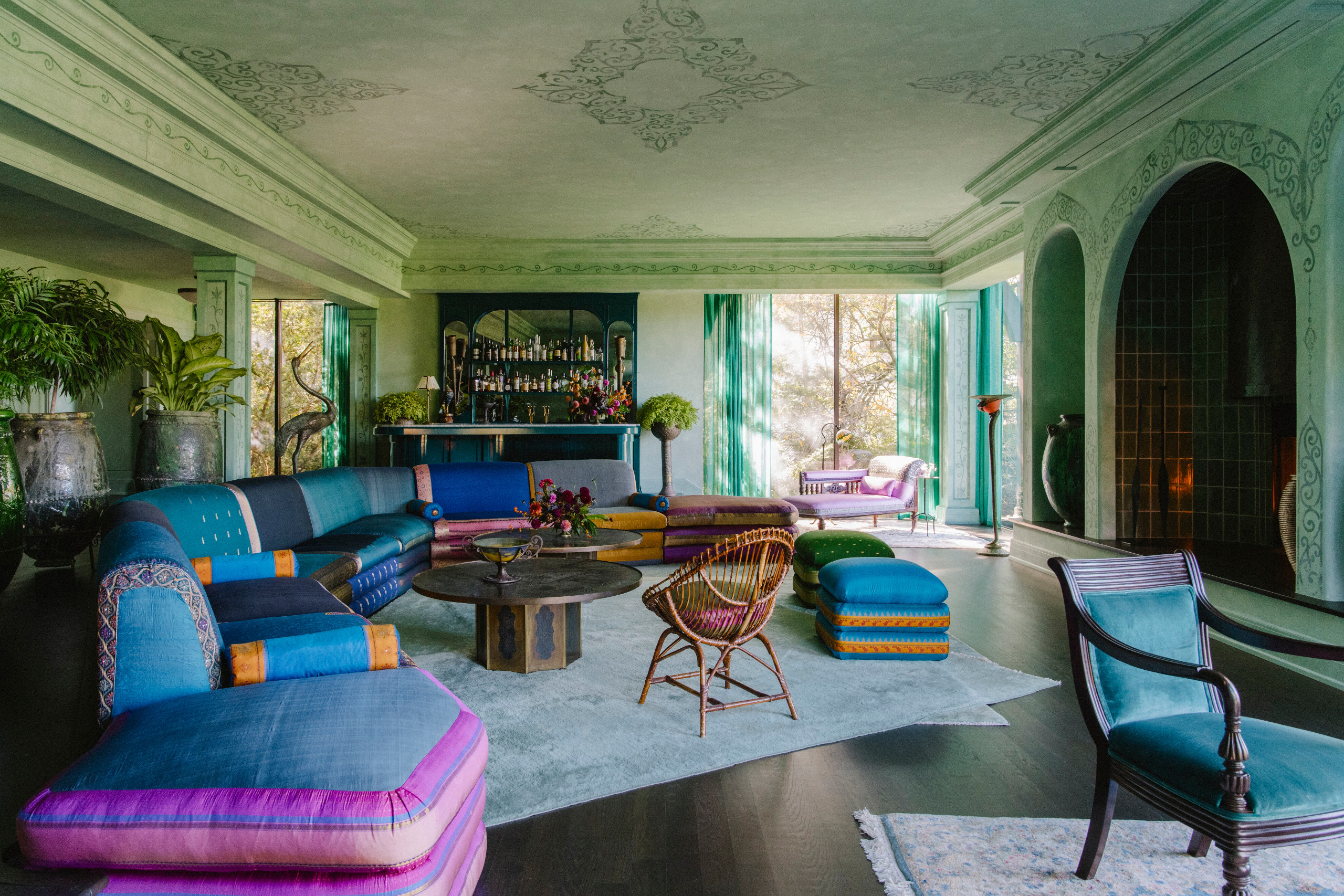 A contemporary living space with sculptural modular sofa made from Indian saris