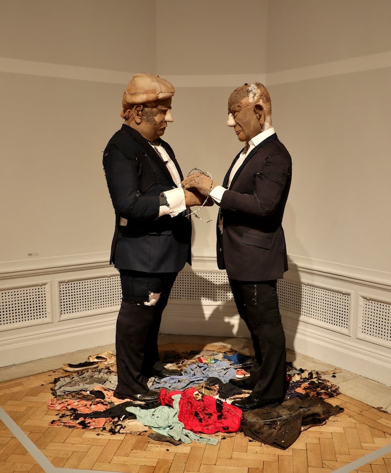 Sculptor Tim Shaw’s larger than life-size, Trump and Netanyahu waiting to have pins stuck into their bodies