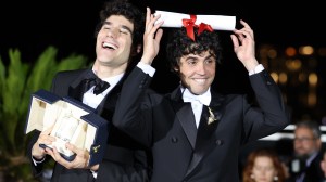 CANNES, FRANCE - MAY 23: Javier Calvó and Javier Ambrossi pose with the Best Director Award for "The Black Ball" during the Palme d'Or winners photocall at the 79th annual Cannes Film Festival at Palais des Festivals on May 23, 2026 in Cannes, France.