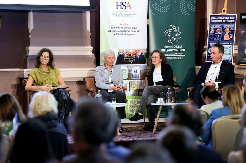 Maria Luisa Cabral, European Commission; Angela Crone and Dr Romy Marx, German Federal Ministry of Labour, and Mark Cullen, chief executive, Health and Safety Authority, at the HSA's carcinogens conference at the Royal College of Physicians in Dublin on Wednesday. Photograph: Finbarr O'Rourke