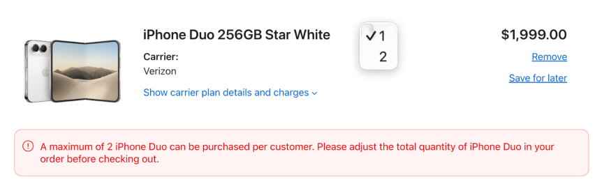 A screenshot showing you cannot order more than two iPhone Duo phones from the Apple Store