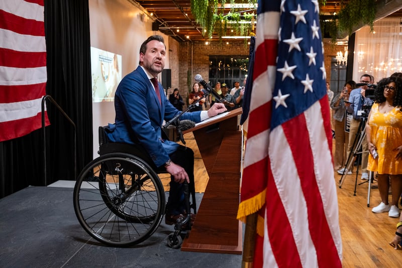 Iowa State Representative Josh Turek,  Democratic nominee for the US Senate, speaks to supporters in Des Moines after winning the primary election on June 2nd last. Photograph: KC McGinnis/The New York Times
                      