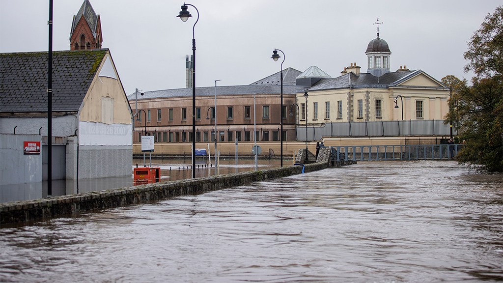 High water levels in the Newry River in Newry Town, Co Down. Pic: Liam McBurney/PA Wire