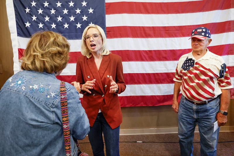 US Representative Ashley Hinson, a Republican of Iowa and candidate for the US Senate, speaks to a supporter during a campaign stop in Davenport, Iowa, on October 15th, 2026. Hinson is running to replace retiring US Senator Joni Ernst. Photograph: Kamil Krzaczynski/AFP/Getty