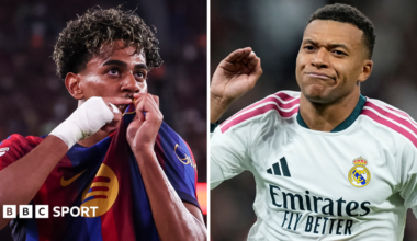 Split graphic: Barcelona's Lamine Yamal and Real Madrid's Kylian Mbappe