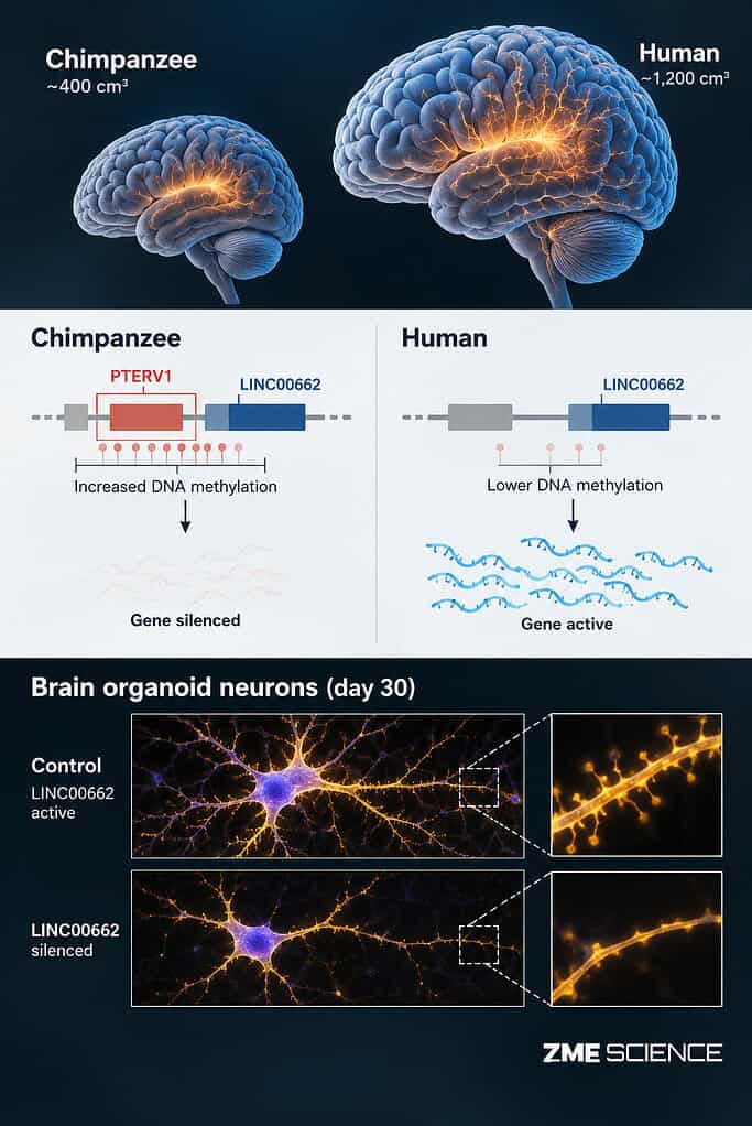 Infographic showing the difference in gene expression and brain size between a human and a chimpanzee