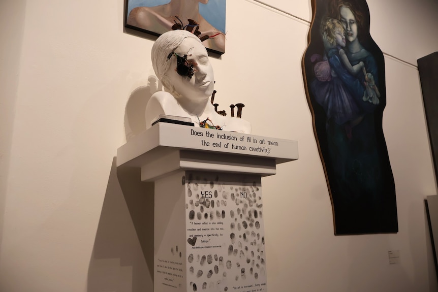 A painting and sculpture of a person with technology sticking out of their heads.