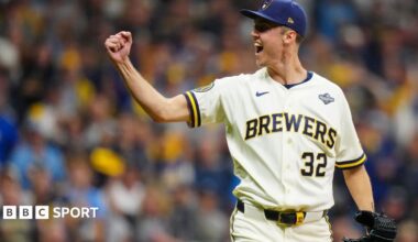 The Milwaukee Brewers' starting pitcher Jacob Misiorowski celebrates