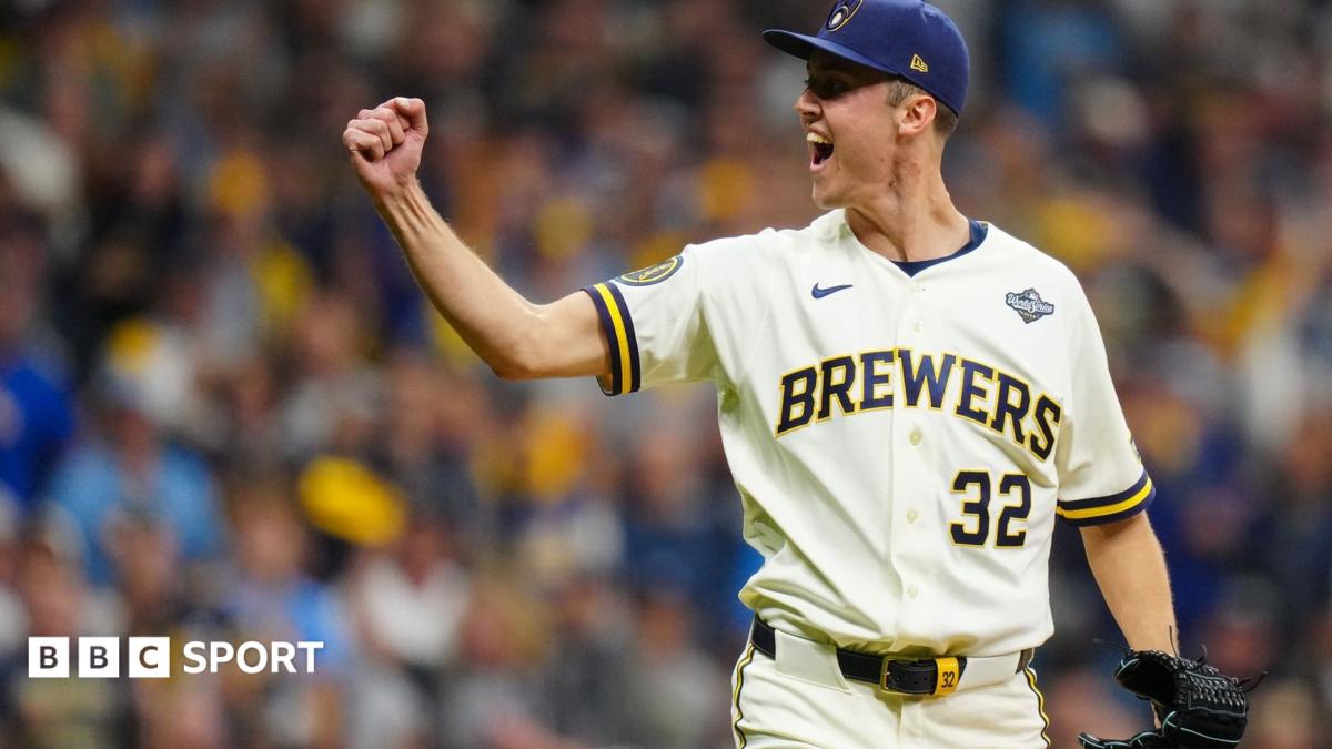 The Milwaukee Brewers' starting pitcher Jacob Misiorowski celebrates