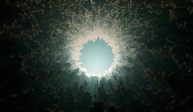 A dark tunnel of extruded rectangular blocks surrounding a bright central light source
